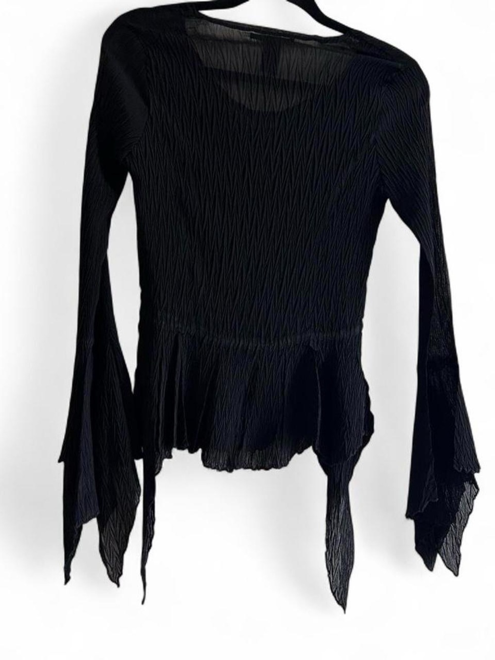 Witchy Fairy Goth Black Sheer Long Sleeve Top With Flowing Bell Sleeves